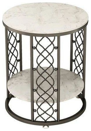 Marble Wrought Round Small Coffee Table, Black-White, Dia15.7", 2 Layers