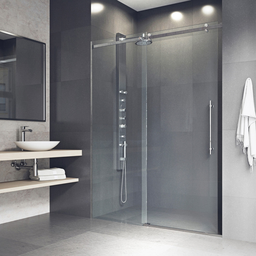 VIGO Luca 56" to 60" W x 79" H Frameless Sliding Shower Door, Stainless Steel, Clear Glass