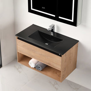 Wall Mounted Bathroom Vanity and Sink, Classic Oak, 36'' Ceramic Black