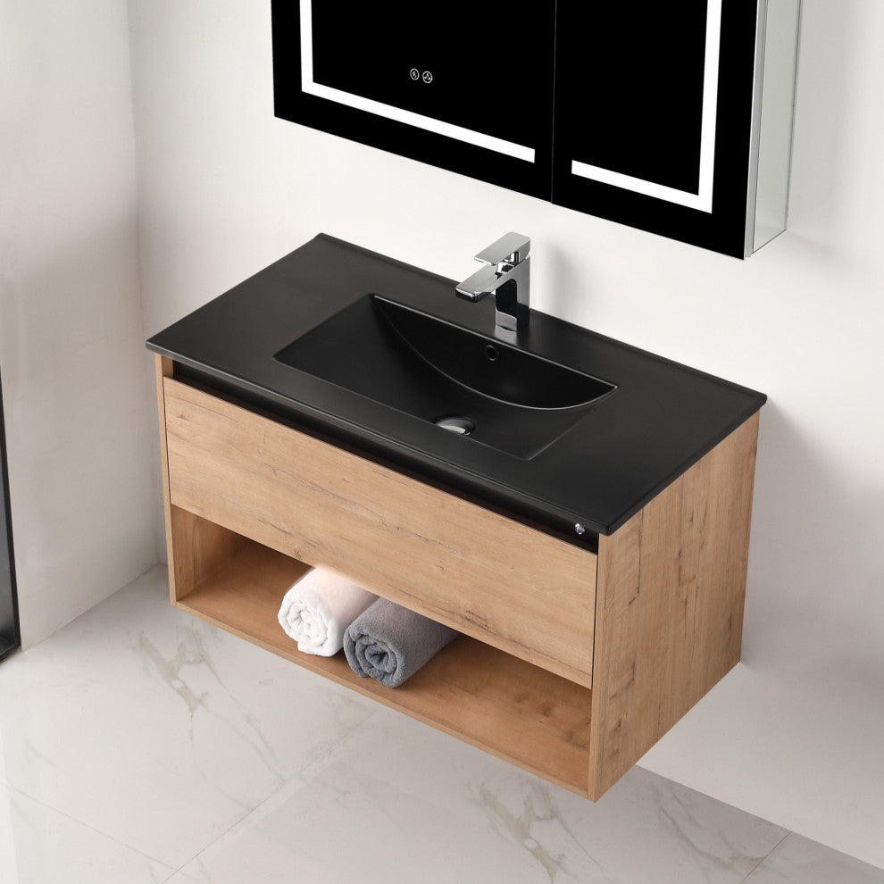 Wall Mounted Bathroom Vanity and Sink, Classic Oak, 36'' Ceramic Black