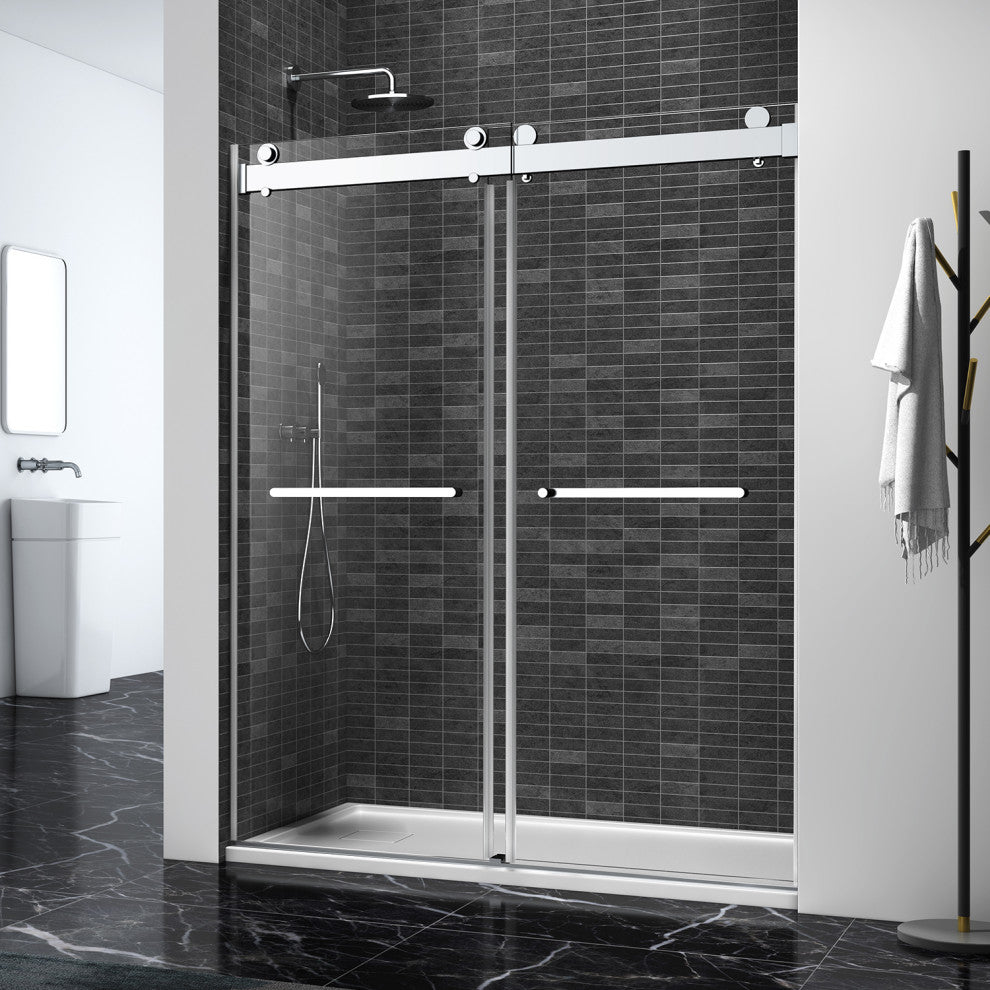 60" x 76" Double Sliding Frameless Shower Door, Buffer, Brushed Nickel