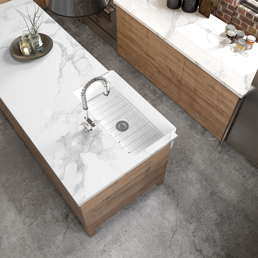 Sinber White Ceramic Double Bowl Apron farmhouse Kitchen Sink With Str, 33"x17"