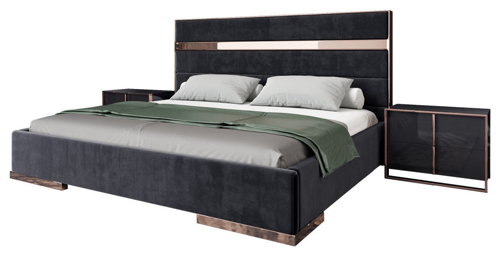 Modrest Cartier Black + Rose Gold Bed + Nightstands, Eastern King