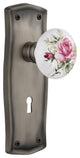Prairie Plate With Keyhole Passage White Rose Porcelain Knob, Antique Pewter