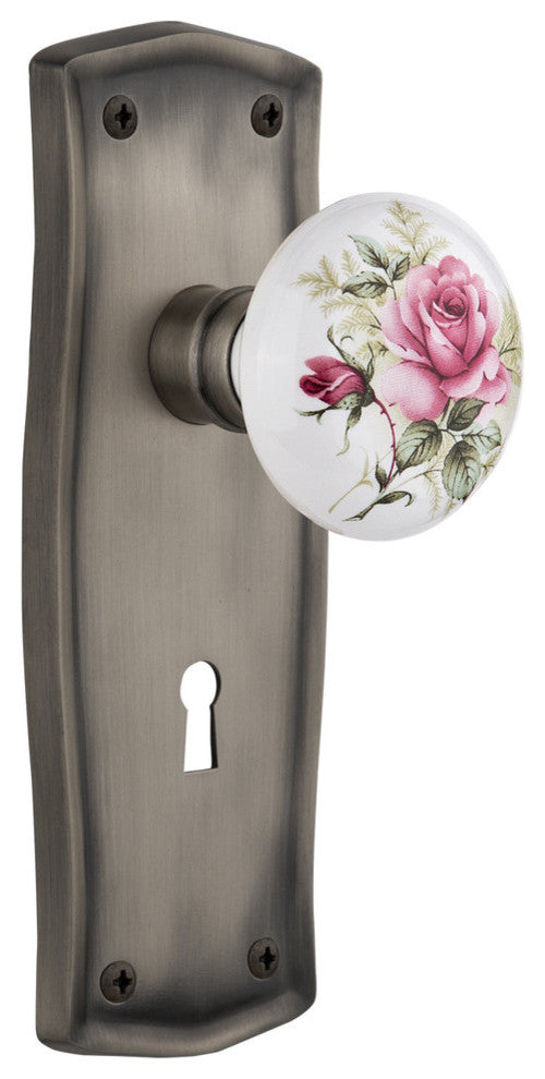 Prairie Plate With Keyhole Passage White Rose Porcelain Knob, Antique Pewter