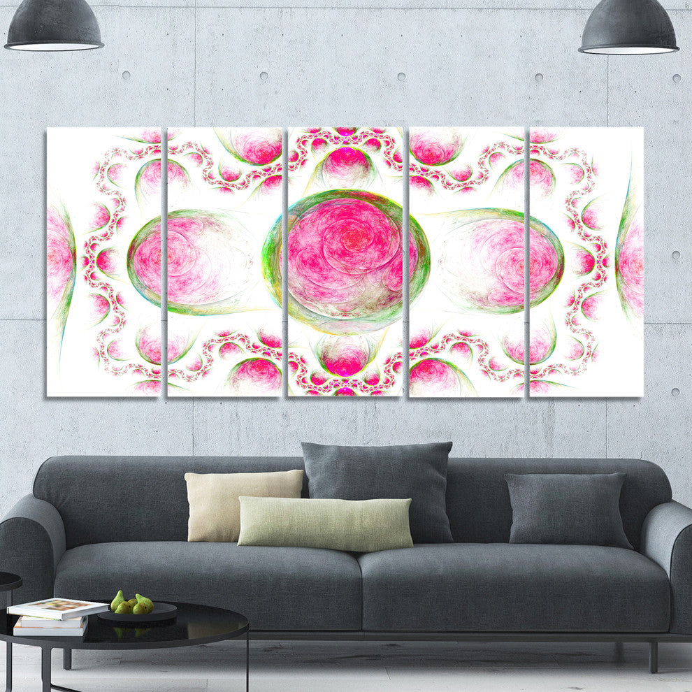 Pink Exotic Pattern on White, Abstract Art on Canvas, 60"x28", 5 Panels