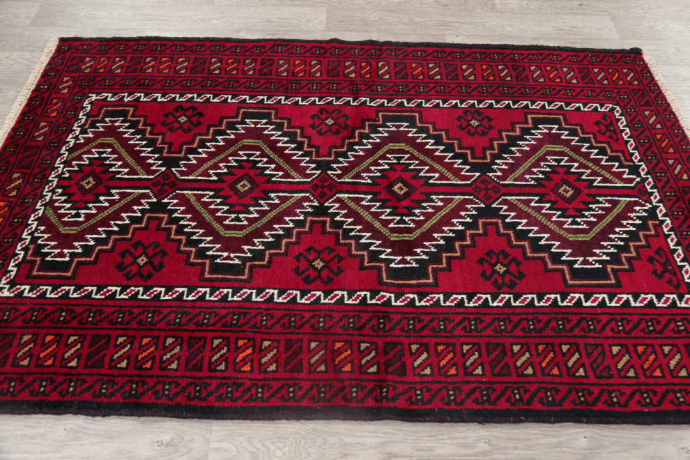 Balouch Oriental Traditional Hand-Knotted Afghan Area Rug, Red, 6'3"x4'1