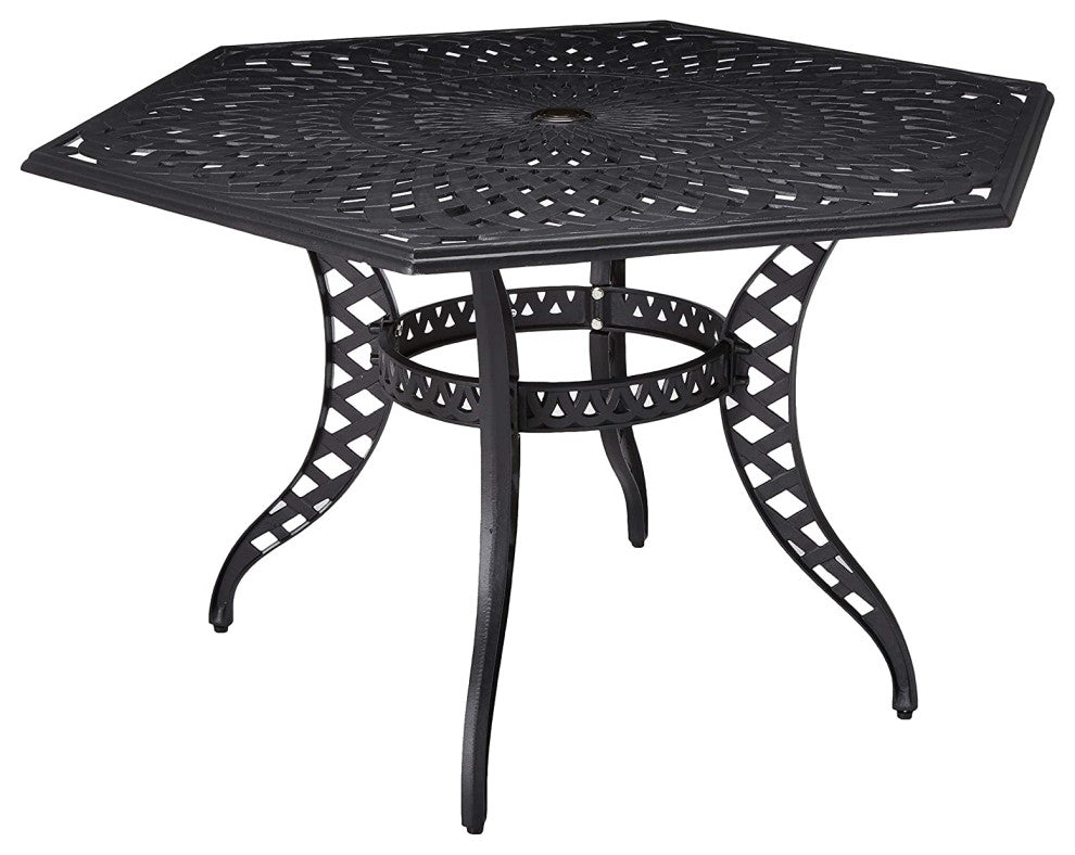 Outdoor Hexagonal Dining Table, Cast Aluminum Frame with Mesh Top, Matte Black