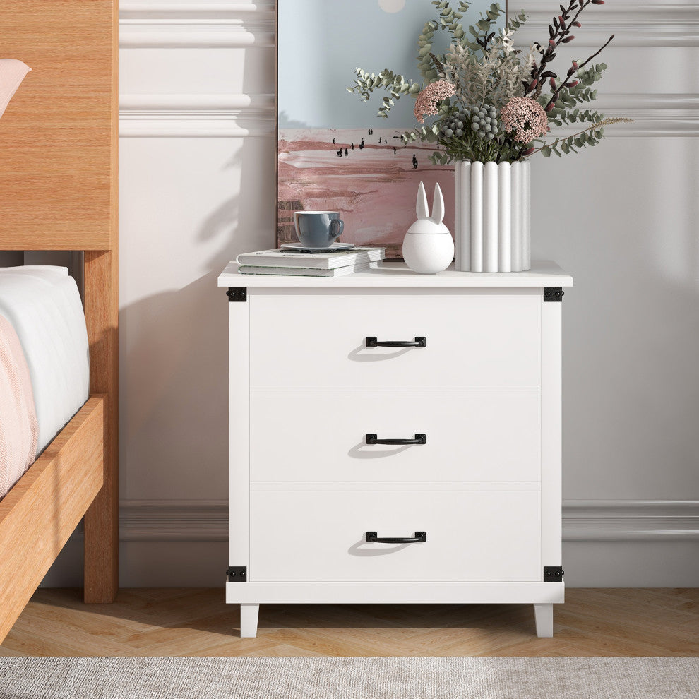 Wood 3-Drawer Nightstand, White, 28" Tall