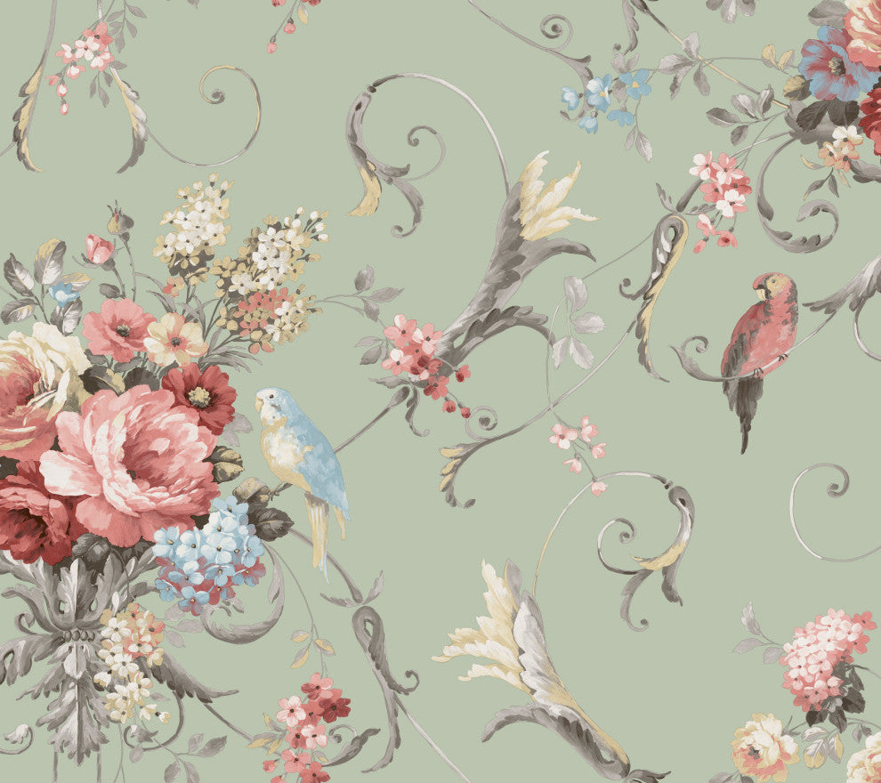 Parrots with Floral Bouquets Eucalyptus Peel and Stick Wallpaper