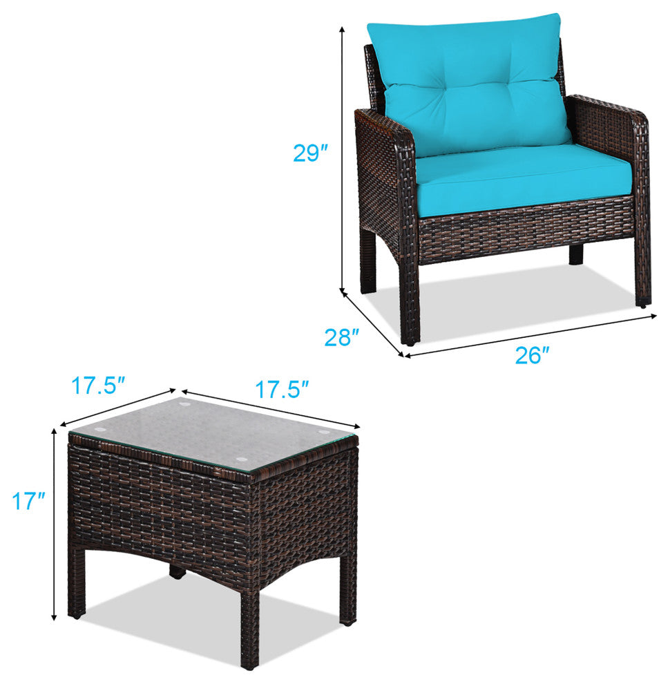 Costway 3PCS Outdoor Rattan Conversation Set Patio Cushioned Sofa Turquoise