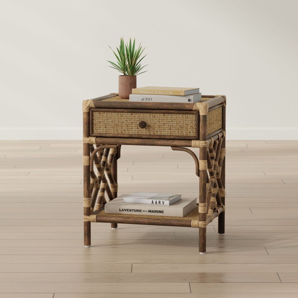 Rattan Chippendale Bedside Table, Natural, Antique Brown