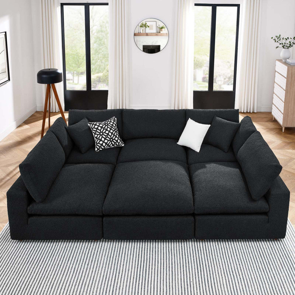 Commix Down Filled Overstuffed Boucle Fabric 6-Piece Sectional Sofa, Black
