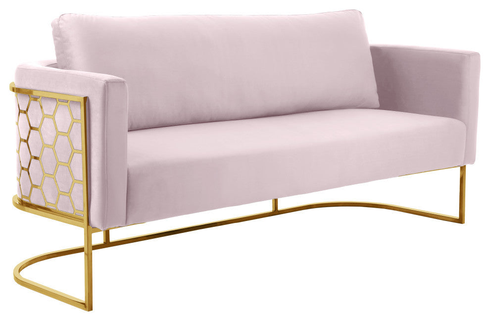 Casa Velvet Upholstered Sofa, Pink, Gold Finish