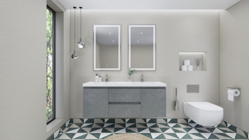 Belli 60" Double Sink Wall Mount Vanity Set, Cement Gray, Glossy White Top