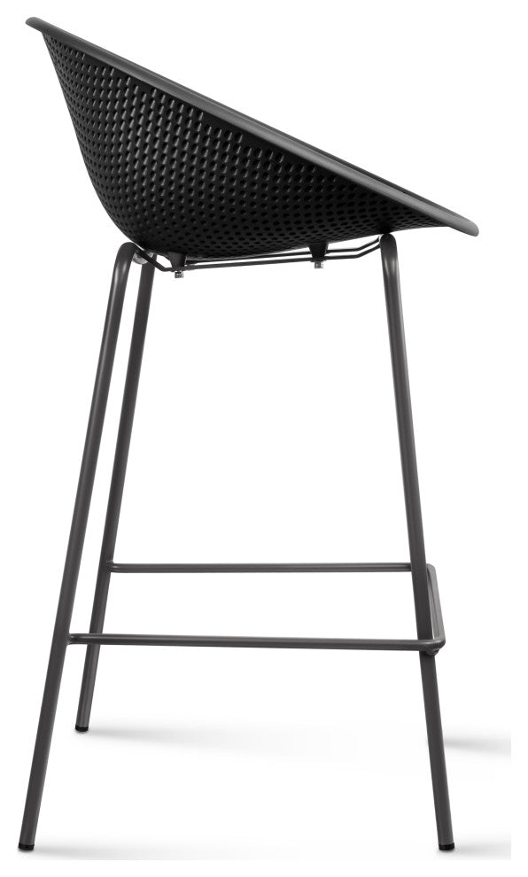 Set of 2 Modern Counter Stools with Perforated Low Back and Metal Frame, 25.5", Black