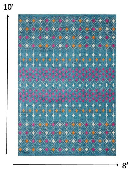 8' X 10' Blue And Orange Geometric Dhurrie Area Rug