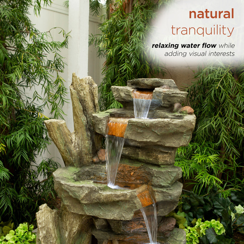 39" Outdoor Multi-Tier Cascading Stone Tower Waterfall Fountain with LED Lights
