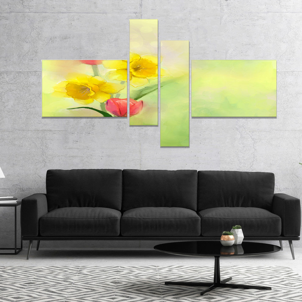 Tulips and Daffodils in Soft Color and Blur, Floral Canvas Art, 60"x32",4 panels