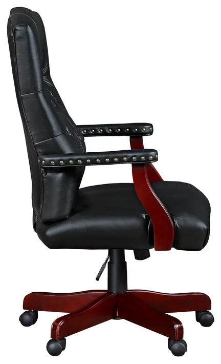 Traditional Office Chair, Hardwood Frame & Button Tufted PU Back, Black/Mahogany