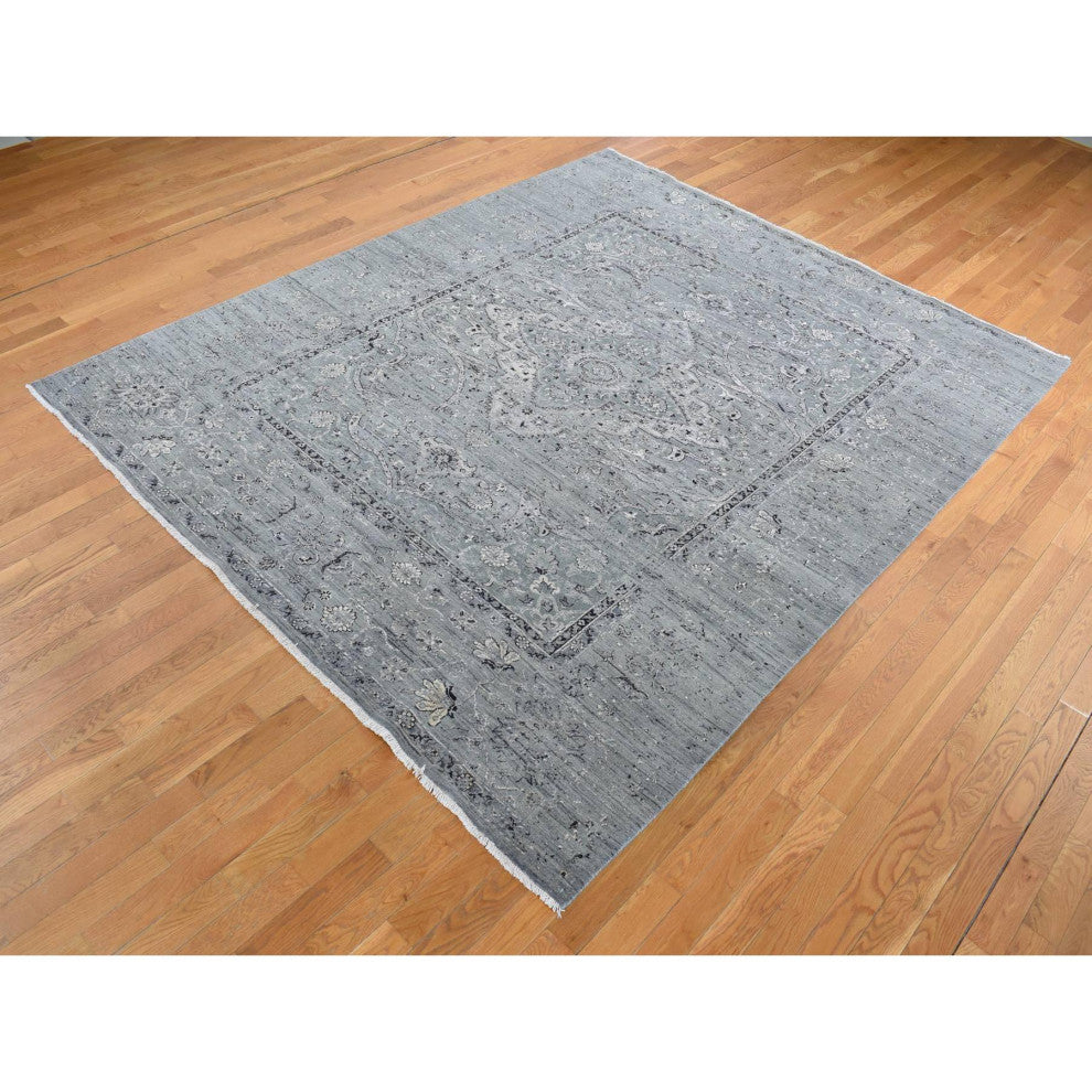 Gray Silk With Wool Erased Broken Persian Design Hand Knotted Rug 8'3"x10'1"