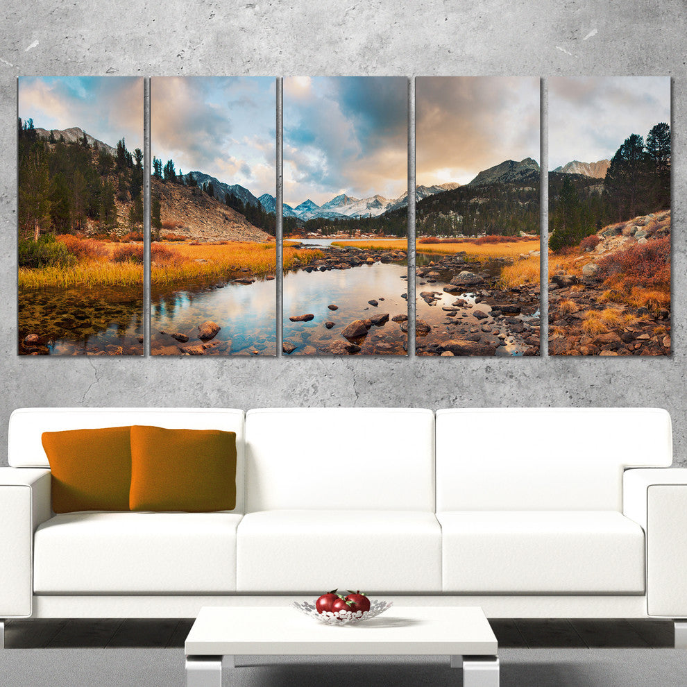 "Rocky Lake Sunset Panorama" Modern Seashore Canvas Art, 5 Panels, 60"x28"