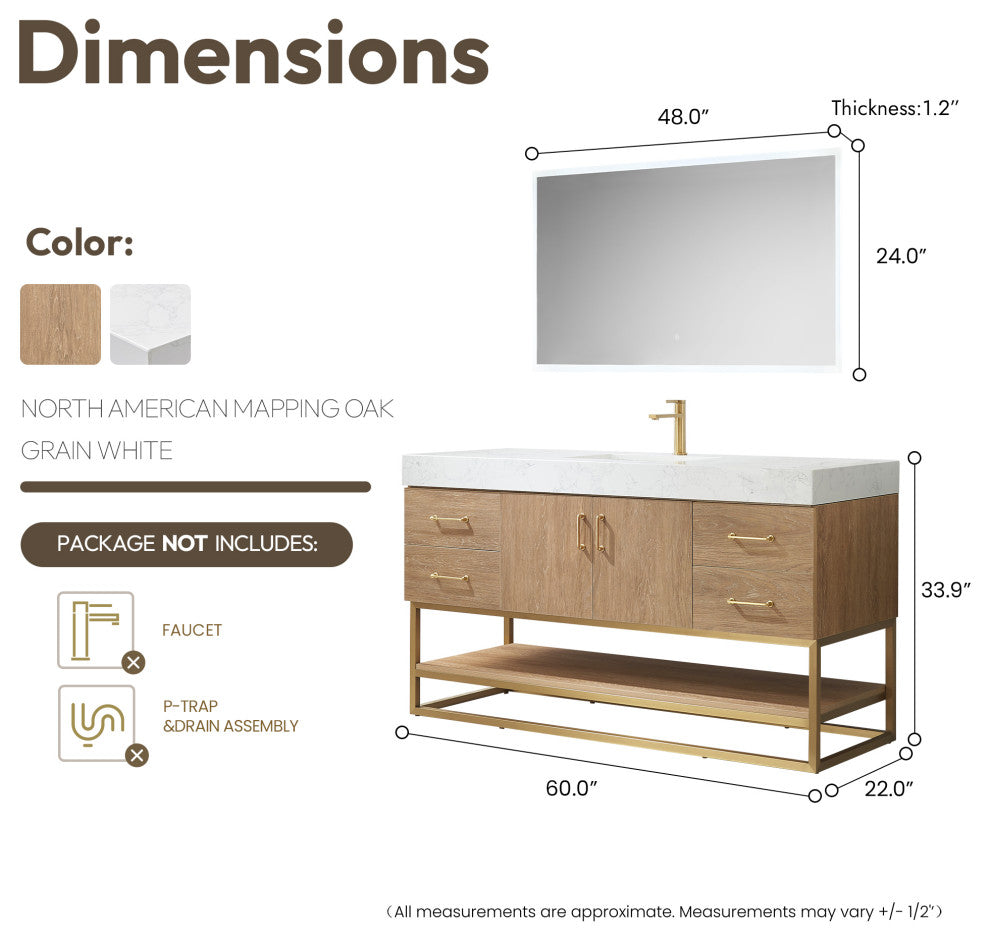 Alistair Vanity, North American Oak With Countertop, 60", With Mirror