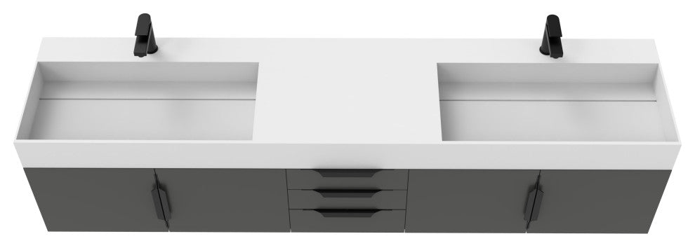 CastelloUSA Amazon 84" Wall Mounted Bathroom Vanity Set, Black, White Top, Black Handles