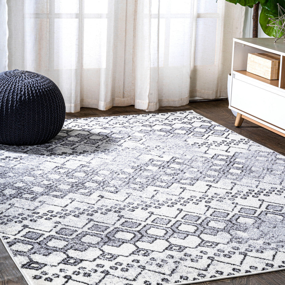Azmar Moroccan Geometric Distressed Ivory/Black 8'x10' Area Rug
