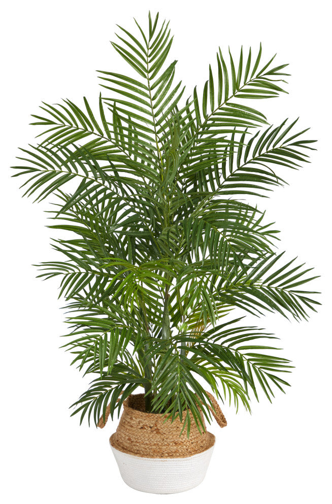 4' Areca Artificial Palm, Boho Chic Handmade Cotton and Jute White Woven Planter