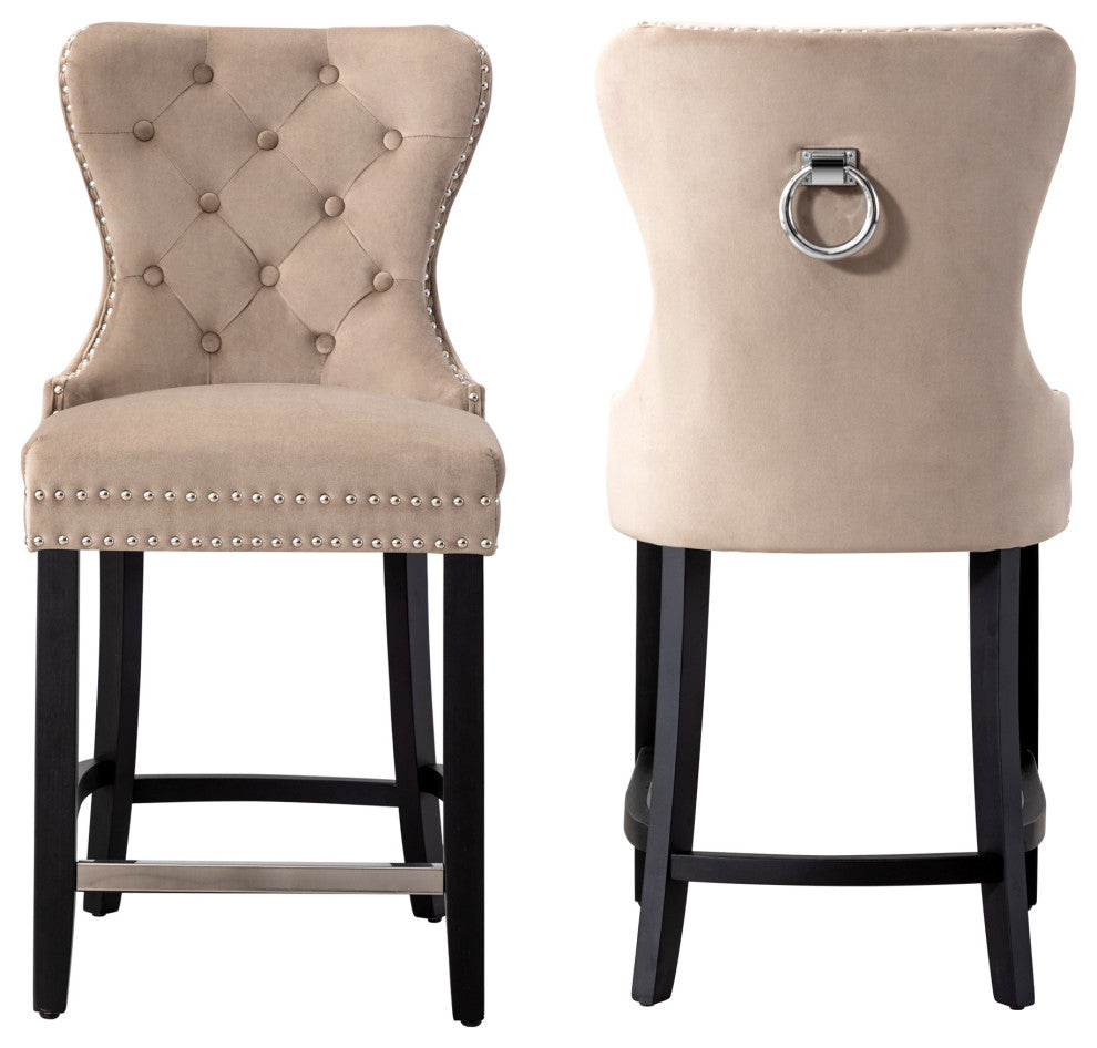 WestinTrends 2PC 24" Tufted Wingback Velvet Counter Height Stool Set, Black, Velvet Taupe