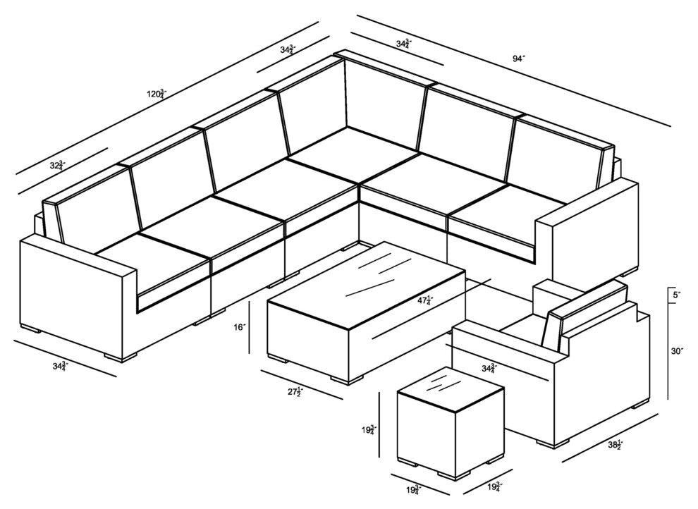 Dune 9 Piece Sectional Set, Canvas Flax