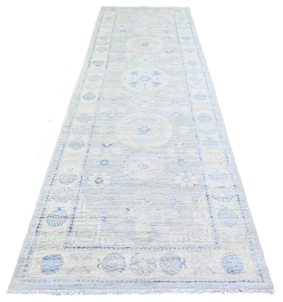 Gray Hand Knotted Washed Out Khotan Pomegranate Wool Runner Rug 3'11"x12'1"
