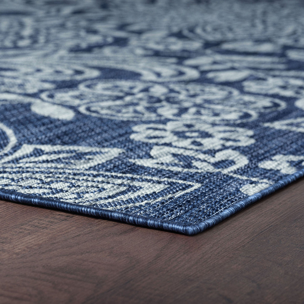 Savine Transitional Floral Navy Light Gray Indoor/Outdoor Rectangle Area Rug 5x8