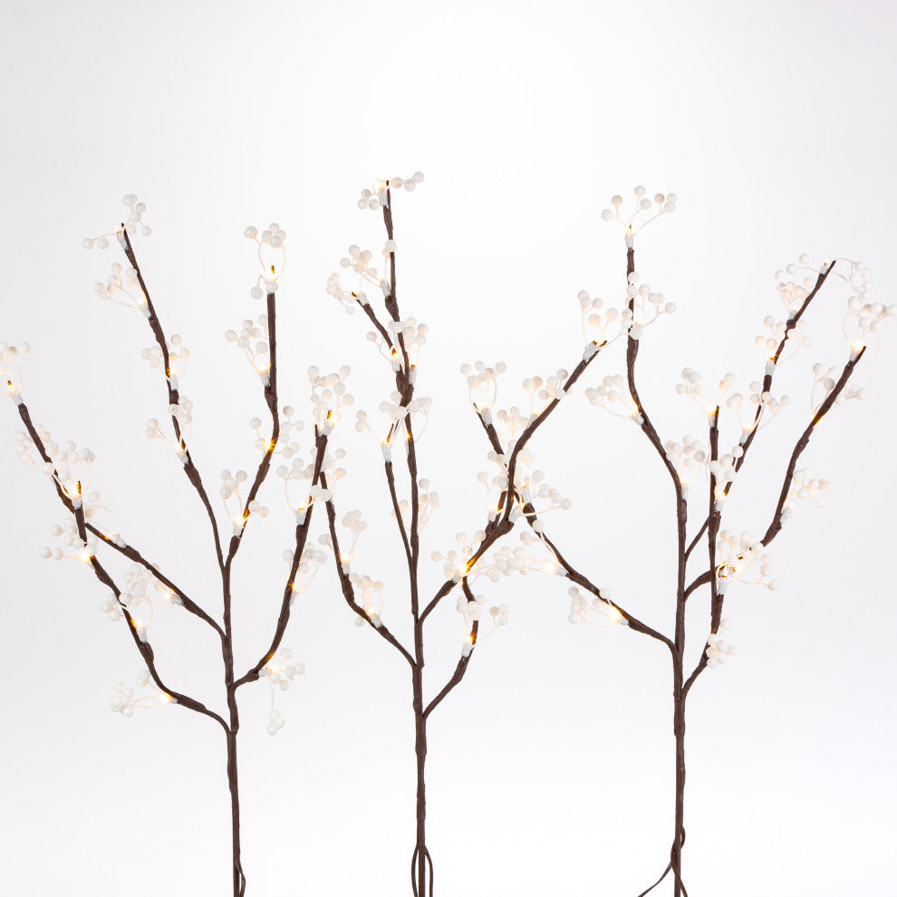Set of 3, 23.62" Brown PVC Wrapped Branches With White Berries and LED Lights