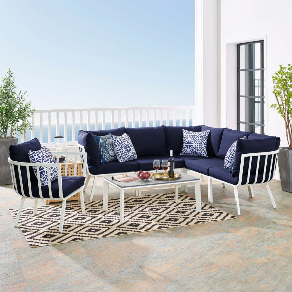 Lounge Sectional Sofa Chair Set, Aluminum, Metal, White Blue Navy, Outdoor