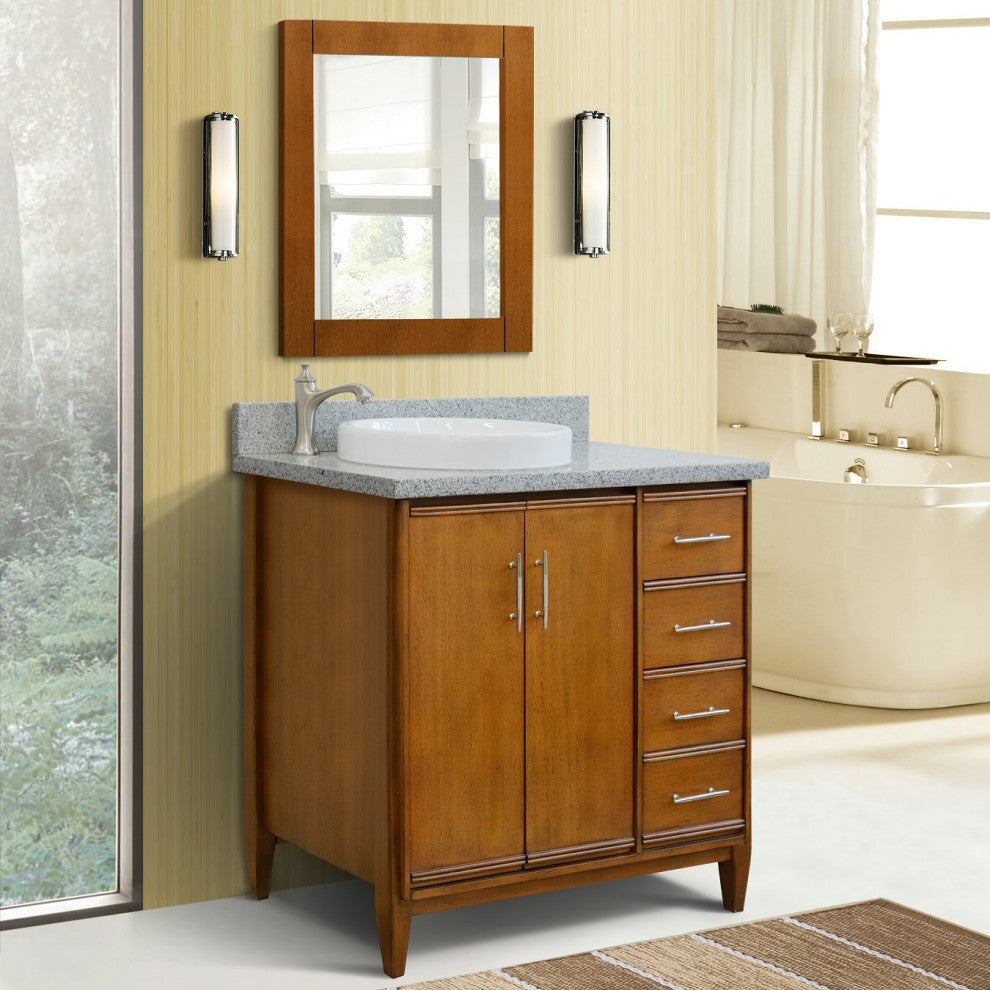 37" Single Vanity, Walnut Finish With Gray Granite