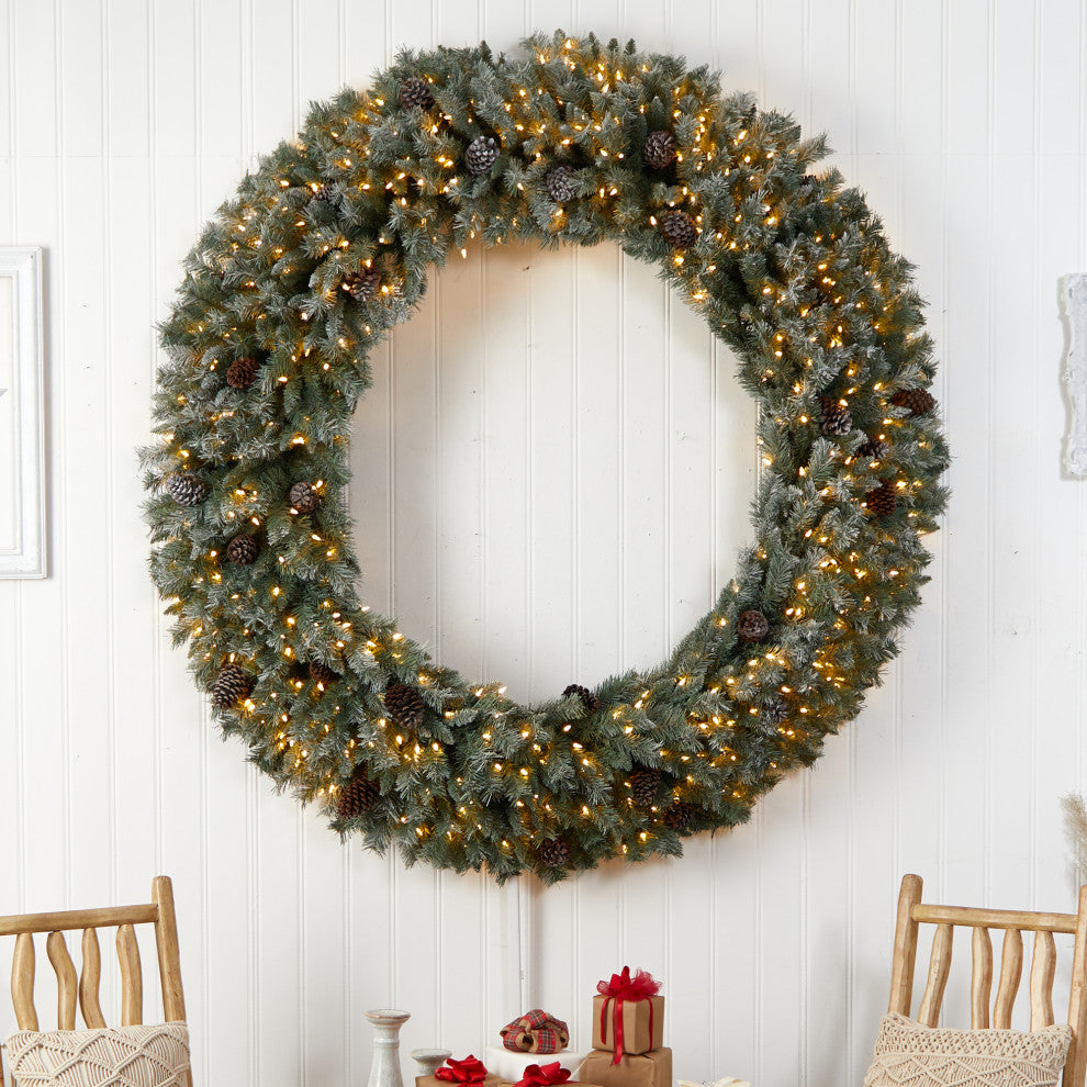 6' Giant Flocked Christmas Artificial Wreath With Pinecones, 600 Clear LEDs