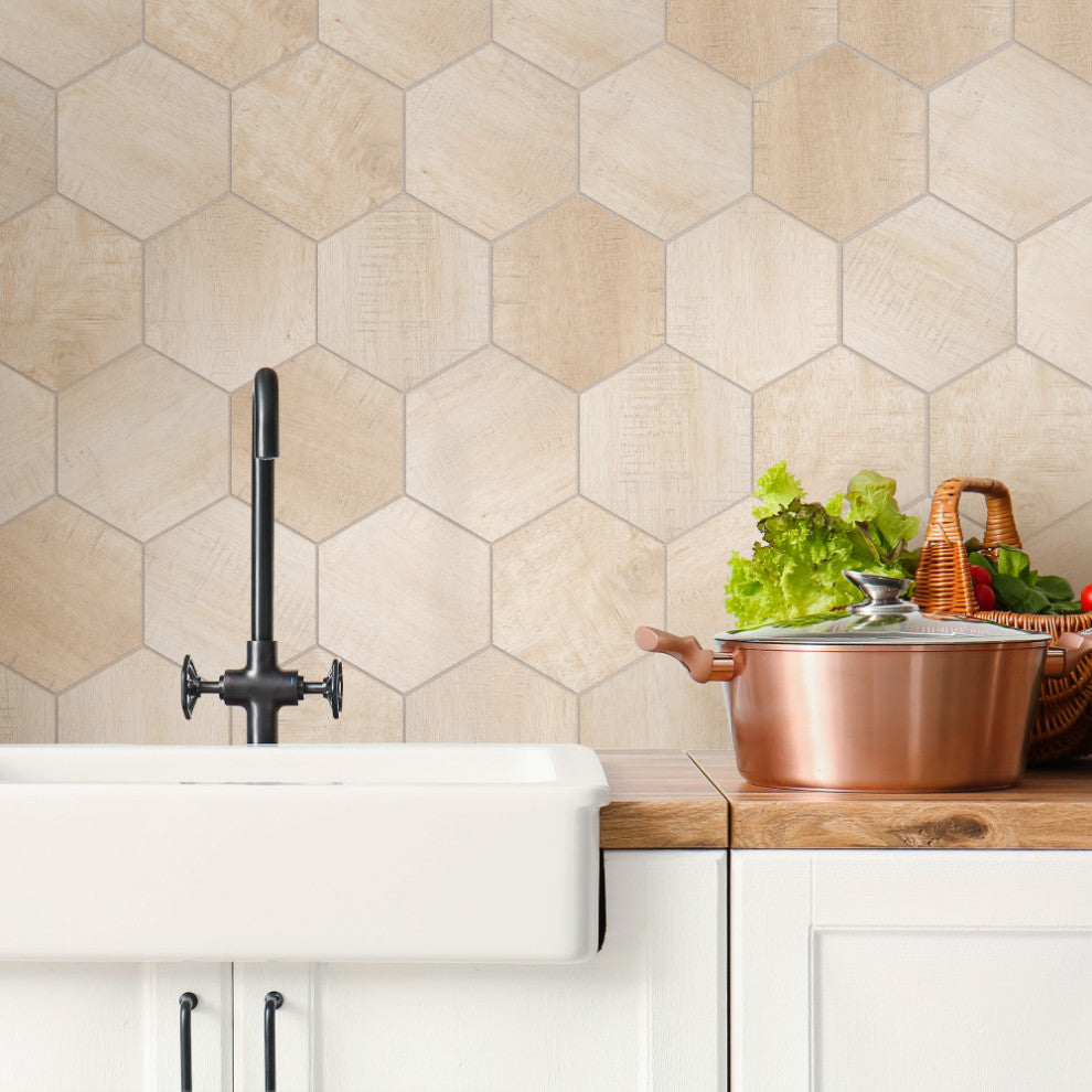 Sawnwood Hex Beige Porcelain Floor and Wall Tile