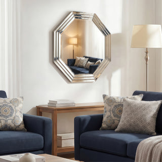 Beveled Multi Faceted Octagons Wall Mirror, 1" Beveled Center, Wood Frame