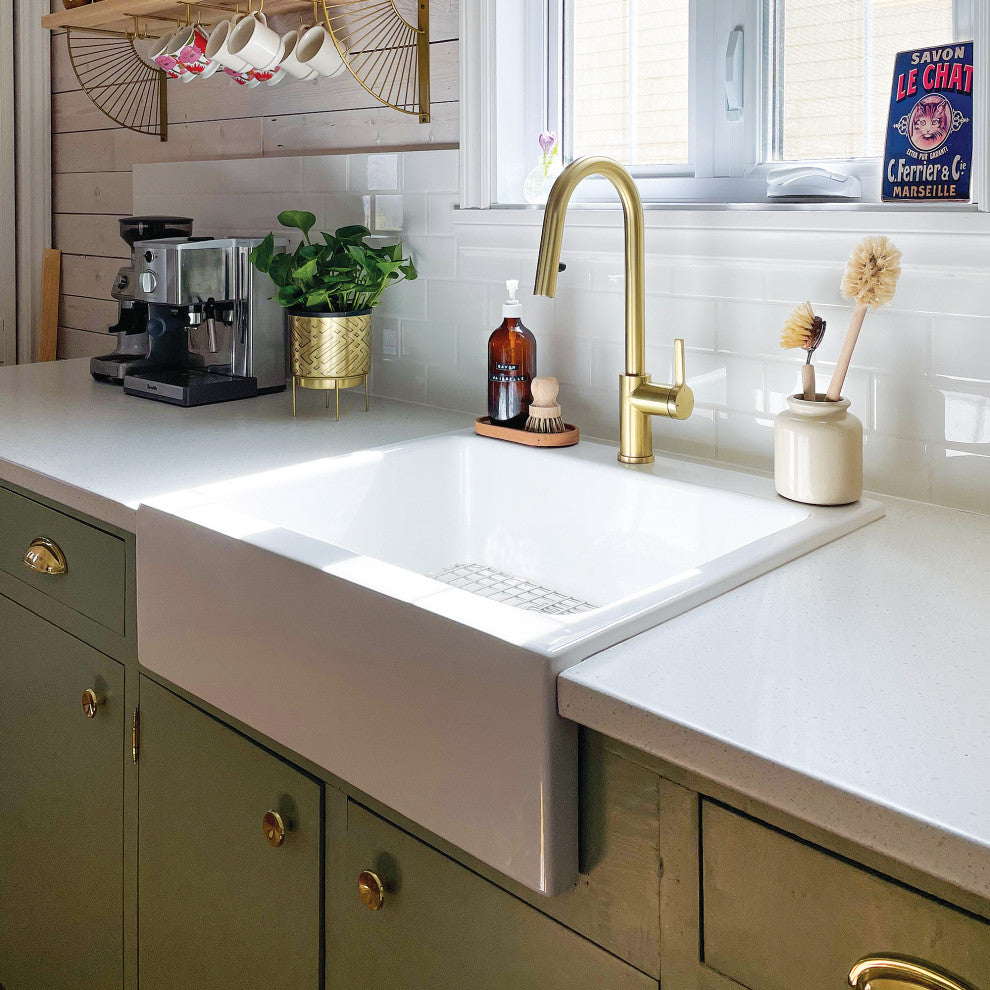 Parker White Fireclay 26" Single Bowl Quick-Fit Drop-In Kitchen Sink, 1 Hole