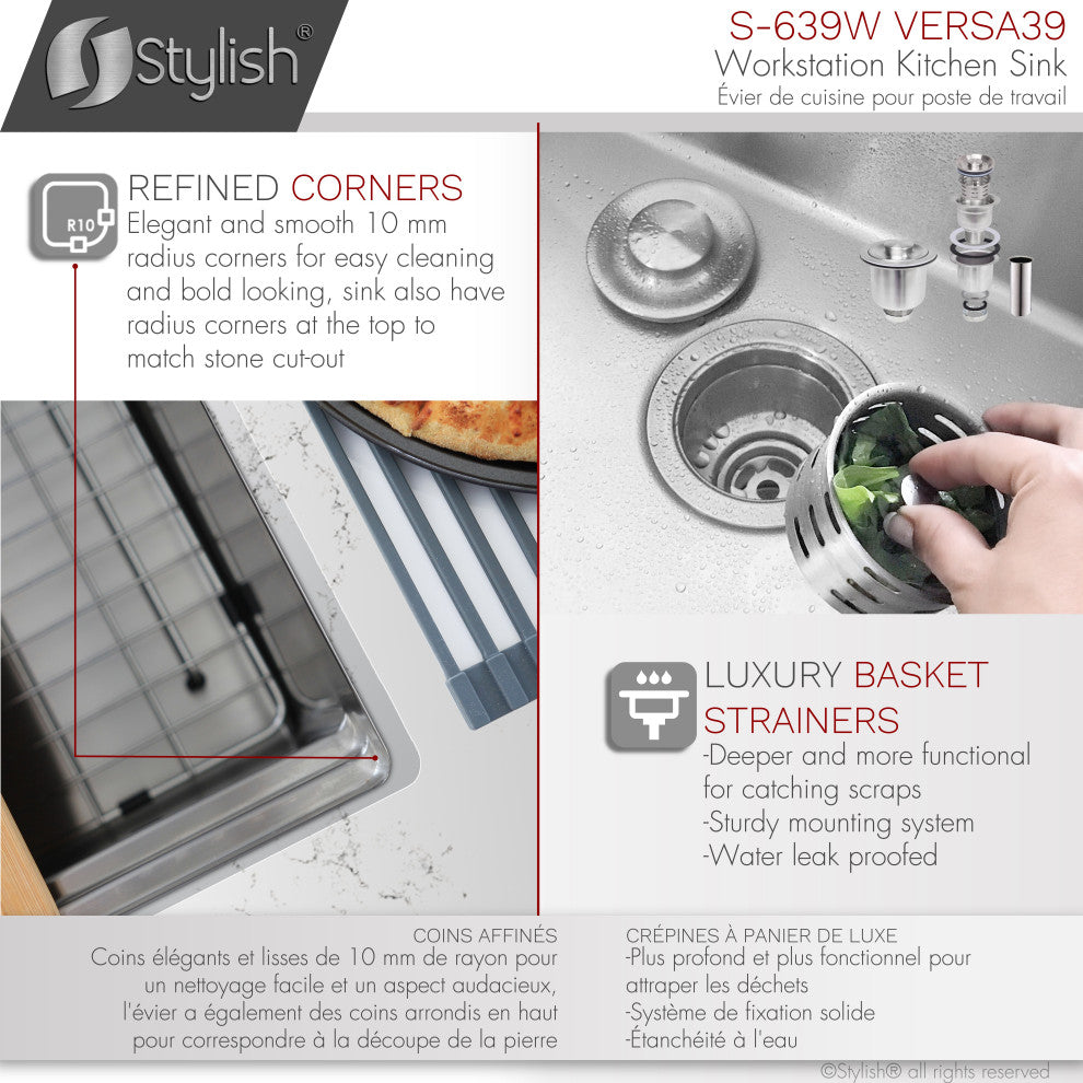 STYLISH 39"x19" Stainless Steel Single Bowl Undermount Workstation Kitchen Sink