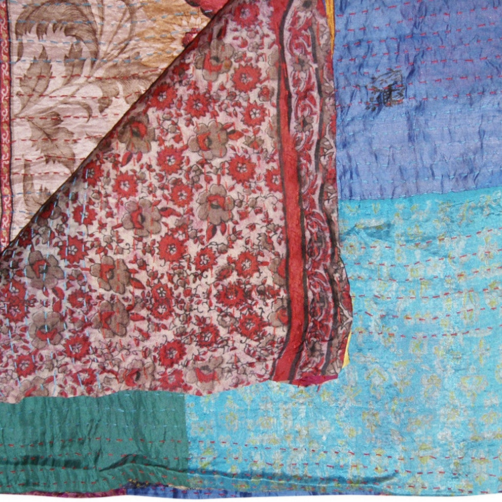 60" X 90" Blue Brown and Green Kantha Cotton Patchwork Throw with Embroidery