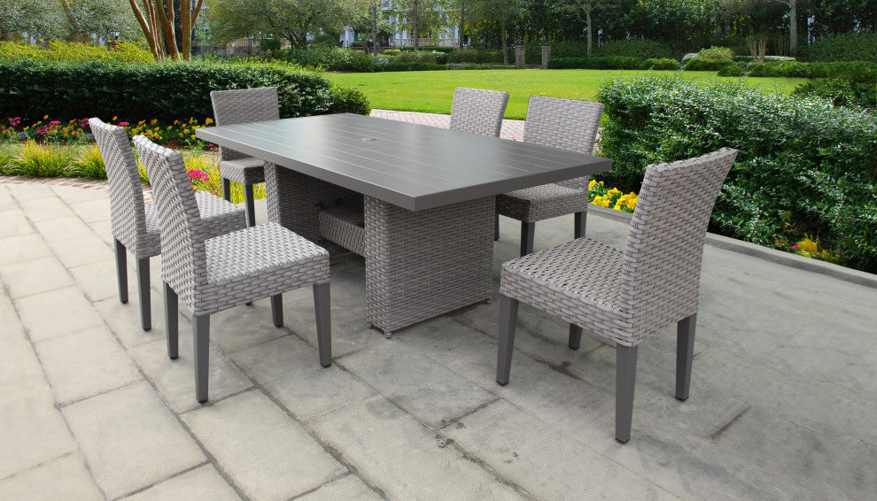 Monterey Rectangular Patio Dining Table, 6 Armless Chairs Grey Stone