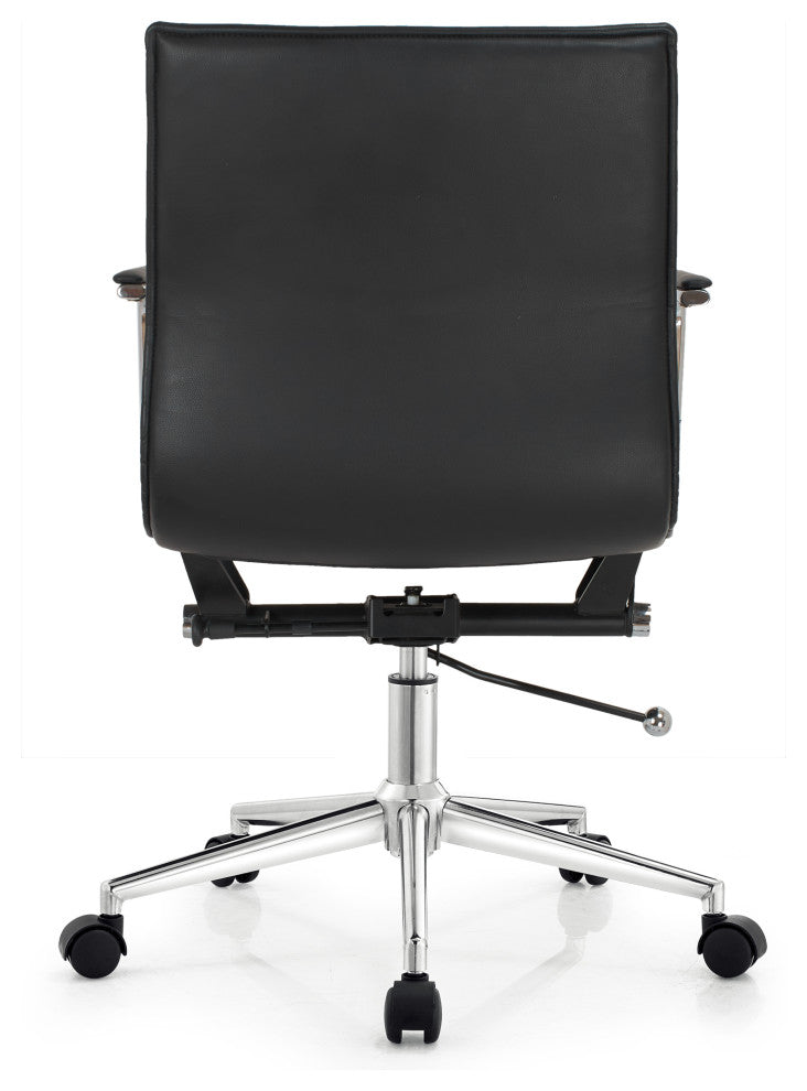 Modern Office Arm Chair With Wheels  Mid Back Ribbed PU Leather Adjustable, Black
