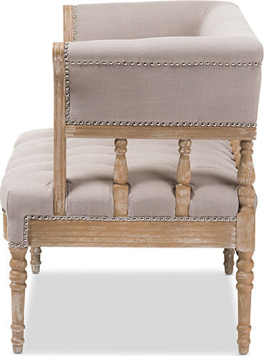 Nora Swedish Gustavian Style Distressed Oak Wood Linen Upholstered Sofa Settee