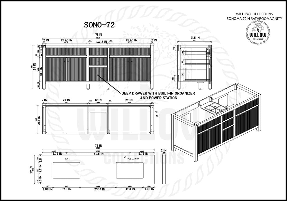 Sonoma 72 Double Sink Reeded Bath Vanity in Black 2" Piatra Gray