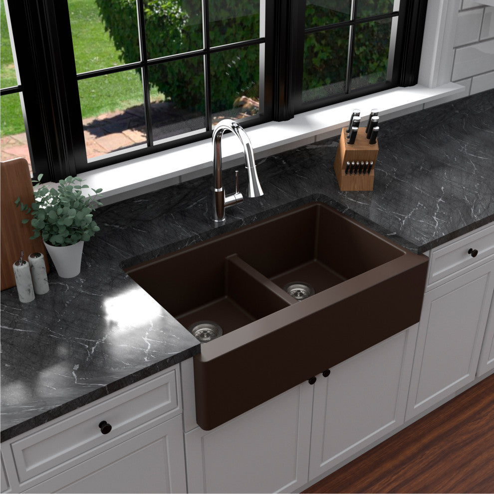 Karran Farmhouse Apron Front Quartz 34" Double Bowl Kitchen Sink, Brown