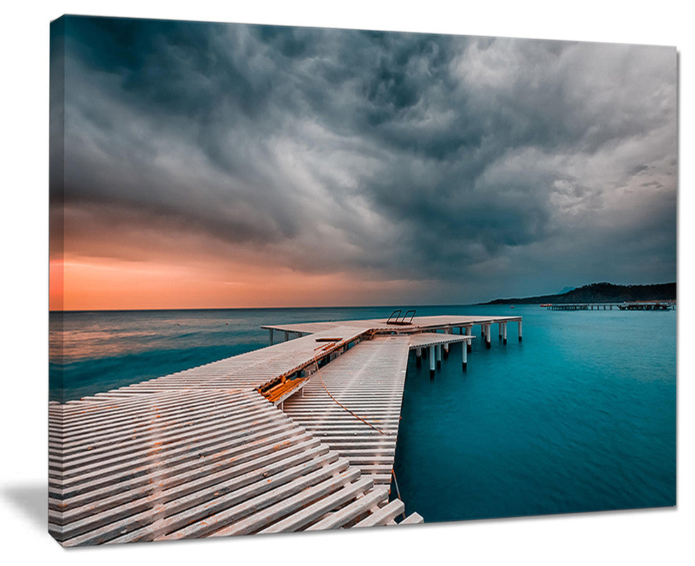 "Pier in Ocean in Cloudy Day" Seashore Canvas Photo Print, 20"x12"