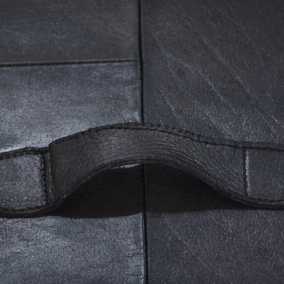 Geometric Handmade Leather Pouf (Recycled Foam with Fibre Fill) Black, [Square]18x18x18